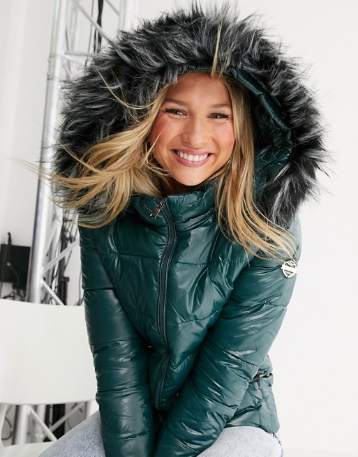 Maya puffer jacket with detachable faux fur hood in dark green