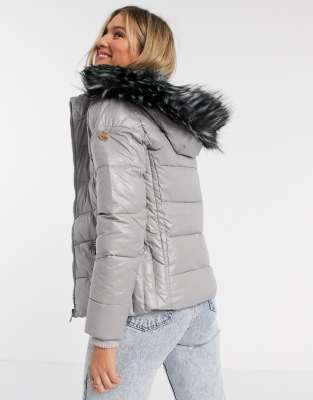 silver puffer jacket with fur hood