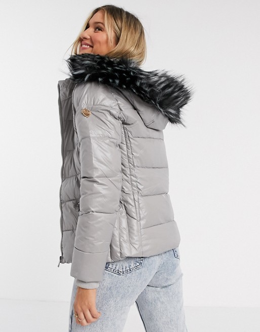 Maya puffer jacket with detachable faux fur hood in silver