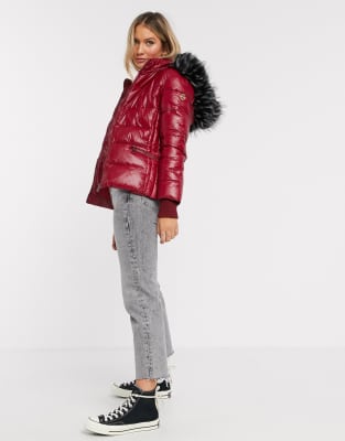 wine puffer jacket with fur hood