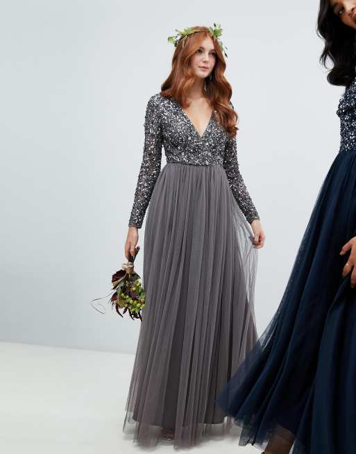 Maya Robe cache c ur longue manches longues avec jupe en tulle et sequins d licats Anthracite