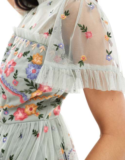 Maya - Robe courte à encolure montante et manches courtes avec broderies - Vert sauge, 2 de 4