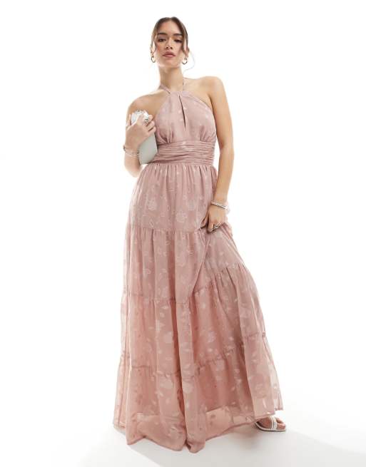 Maya - Robe longue à motif fleuri avec dos nu et liens noués autour du cou - Rose blush
