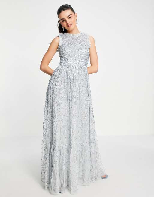 Maya - Robe longue avec bordures en dentelle et ornements sur l'ensemble - Bleu glacier, 4 de 4