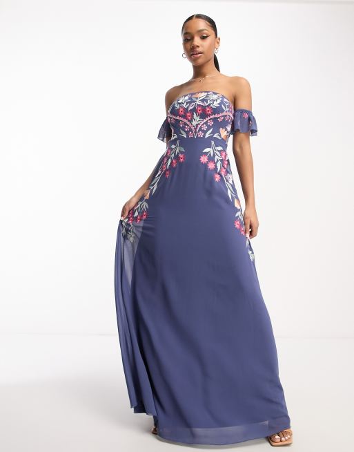 Maya Robe longue brodee a epaules denudees Bleu