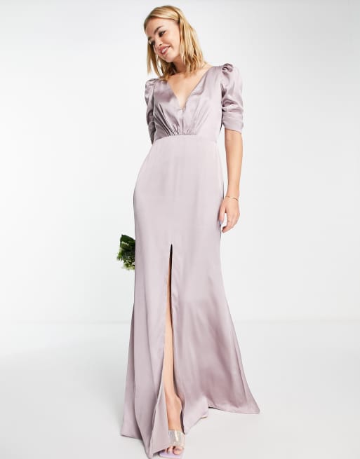 Maya - Robe longue de demoiselle d'honneur avec dos nu et col V - Gris lilas