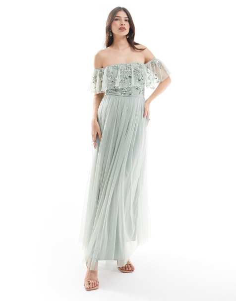 Maya - Robe longue de demoiselle d'honneur avec fleurs ornementées et encolure bardot - Vert sauge - view 1