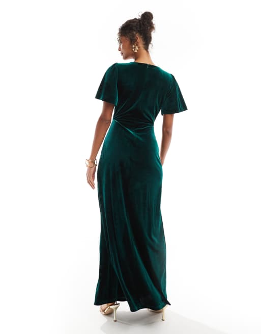 Maya - Robe longue de demoiselle d'honneur en velours à détail croisé - Vert émeraude, 2 de 4