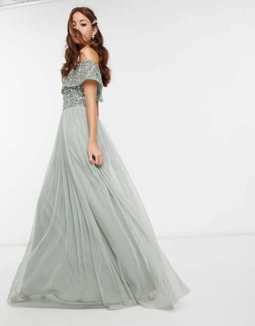 Maya - Robe longue de demoiselle d'honneur style Bardot en tulle avec sequins délicats ton sur ton - Vert sauge