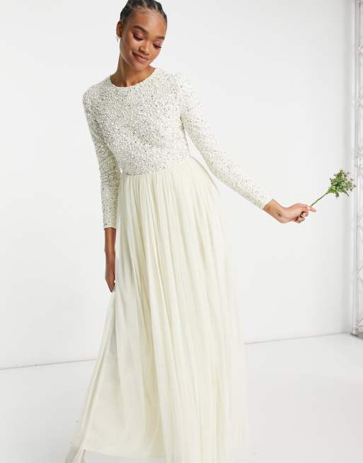 Maya Robe longue de mariage manches longues avec sequins d licats et jupe en tulle cru