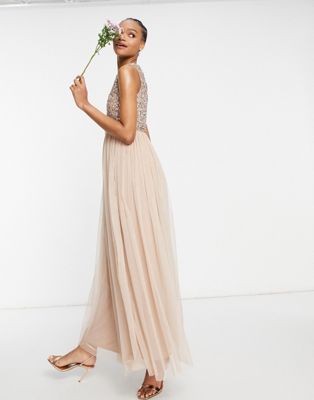 Maya Bridesmaid 2-in-1 maxi tulle dress with tonal delicate sequin in taupe blush - ASOS Price Checker