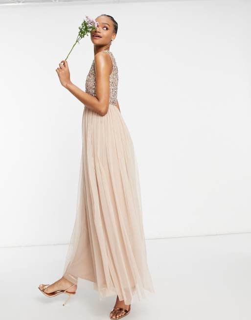 Maya Robe longue en tulle 2 en 1 pour demoiselle d honneur avec sequins d licats ton sur ton Blush taupe