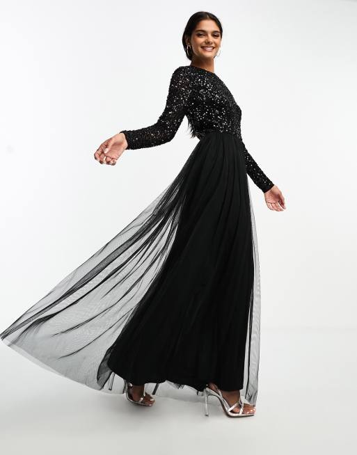 Maya Robe longue en tulle manches longues avec sequins d licats ton sur ton Noir