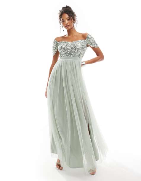 Maya - Robe longue et ornementée de demoiselle d'honneur avec encolure Bardot et décolleté en cœur - Vert sauge - view 1