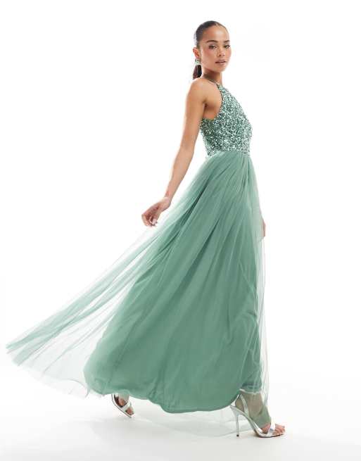 Maya - Robe longue ornementée à encolure américaine - Sauge foncé, 4 de 4