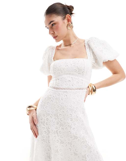 Maya - Robe longueur mollet en dentelle à encolure carrée et finitions fantaisie - Blanc, 2 de 4