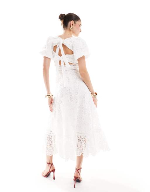 Maya - Robe longueur mollet en dentelle à encolure carrée et finitions fantaisie - Blanc, 4 de 4