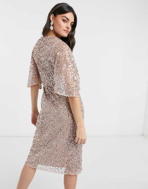 Maya - Robe mi-longue délicate coupe cache-cœur à sequins pour demoiselle d'honneur - Blush taupe, 2 de 4