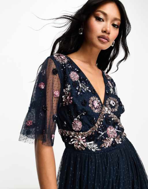 Maya Robe mi longue ornement e avec jupe en tulle Bleu marine