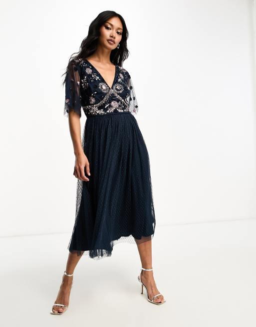 Maya Robe mi longue ornement e avec jupe en tulle Bleu marine