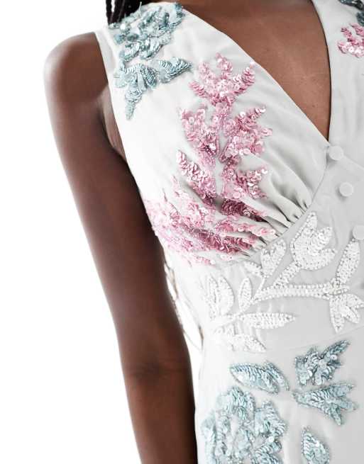 Maya - Robe ornementée coupe longue et sans manches - Gris pâle, 3 de 4