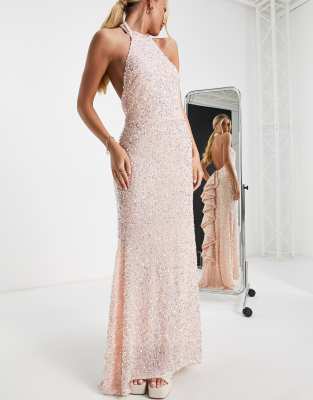 Maya ruffle back halter neck sequin maxi dress in peach | ASOS