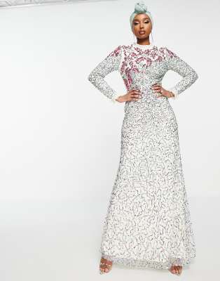 Maya Maya ruffle detail embellished maxi dress in ecru-Gold