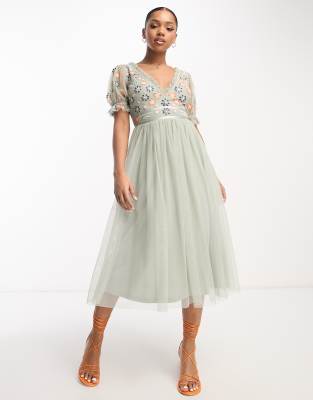 myah one shoulder dress in grey embroidery Maya Ruffle Sleeve Midi Dress With Embroidery In Sage-white