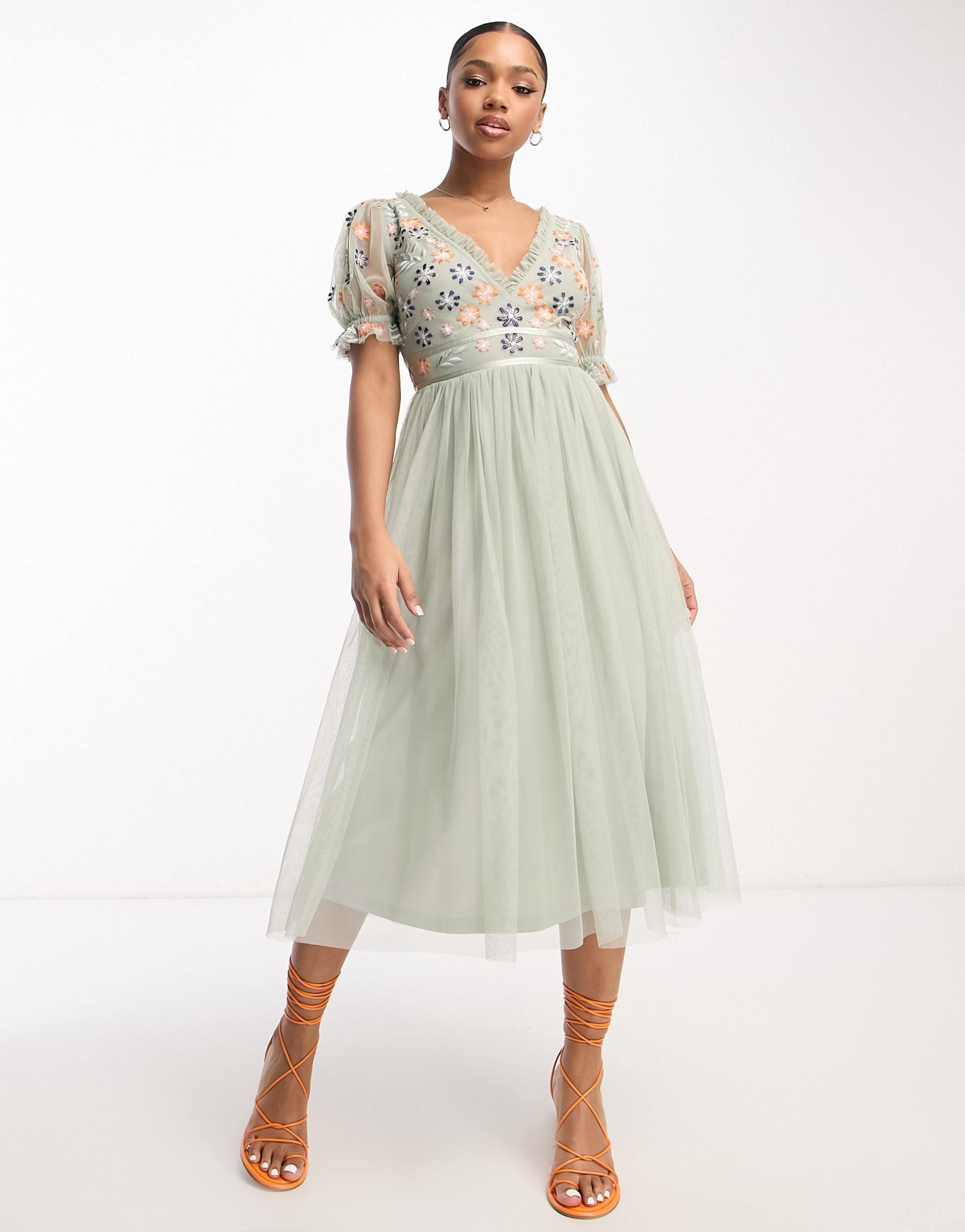 maya ruffle sleeve midi dress with embroidery in sage