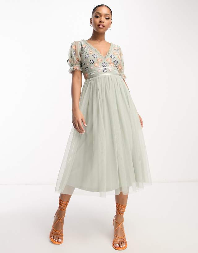 Maya ruffle sleeve midi dress with embroidery in sage