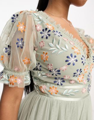 Maya ruffle sleeve midi dress with embroidery in sage