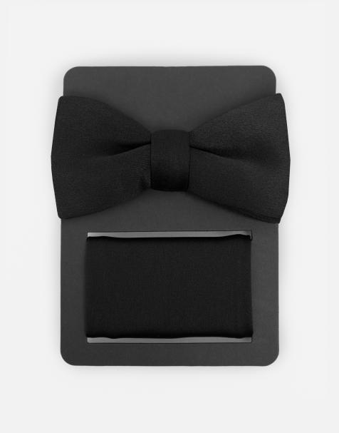 Maya Satin bow tie pocket square set in black - view 1