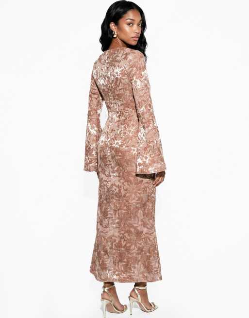 Maya Satin burnout bell sleeve midaxi dress in mocha, 2 of 7