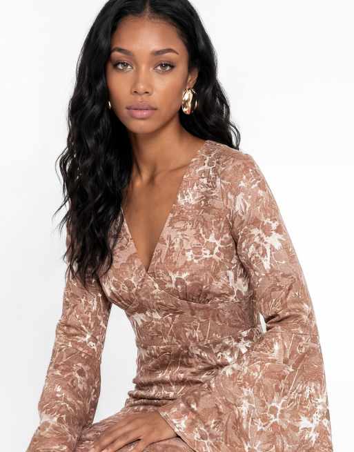Maya Satin burnout bell sleeve midaxi dress in mocha, 3 of 7
