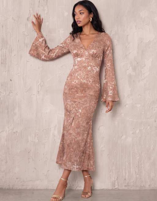 Maya Satin burnout bell sleeve midaxi dress in mocha, 6 of 7