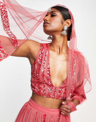 Sciarpa lehenga a triangolo rossa decorata-Rosso - Maya  donna Rosso