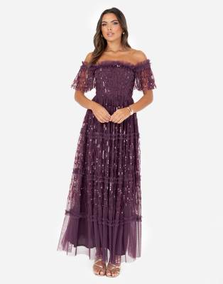 Maya Sequin Bardot Maxi Dress In Purple