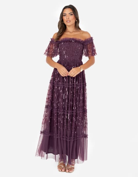 Maya Sequin bardot maxi dress in berry