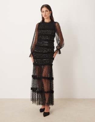 Maya Sequin Long Sleeve Tulle Maxi Dress In Black