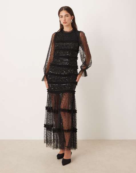 Maya Sequin long sleeve tulle maxi dress in black