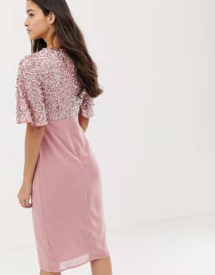 maya sequin top maxi bridesmaid dress with flutter sleeve detail