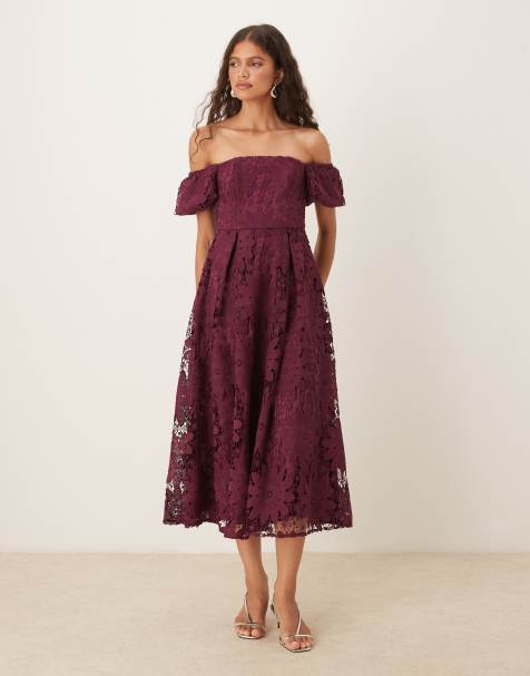 Maya Short sleeve bardot lace midi dress in plum