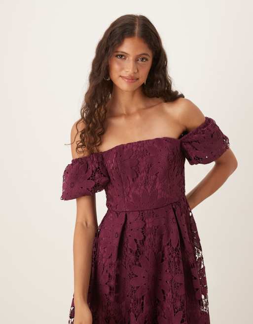 Maya Short sleeve bardot lace midi dress in plum, 2 of 4