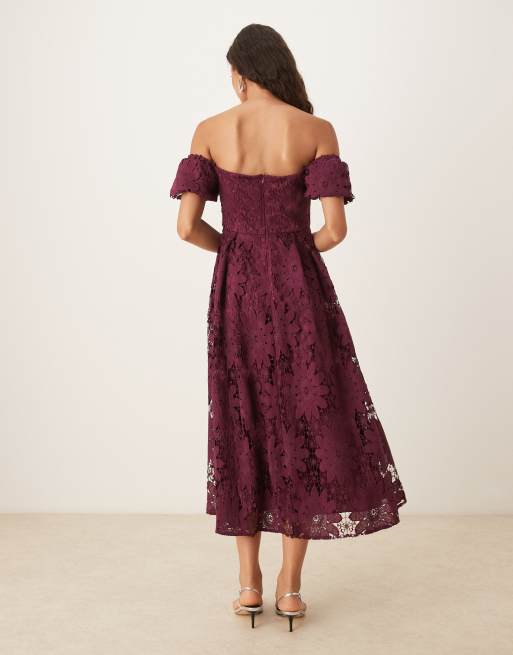 Maya Short sleeve bardot lace midi dress in plum, 4 of 4