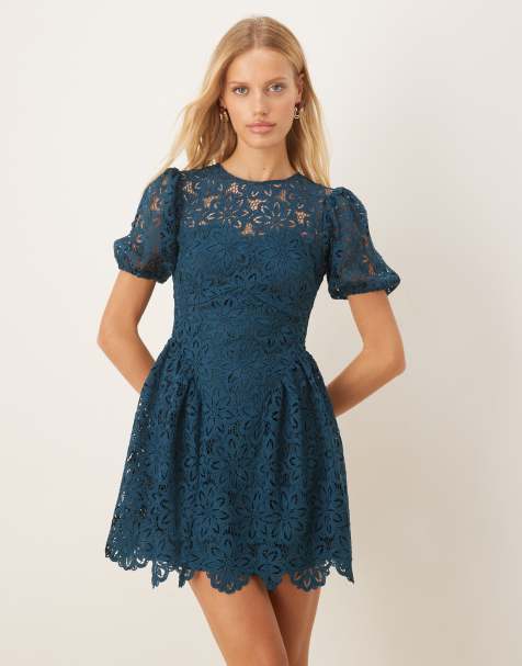 Maya Short sleeve lace mini dress in teal - view 1