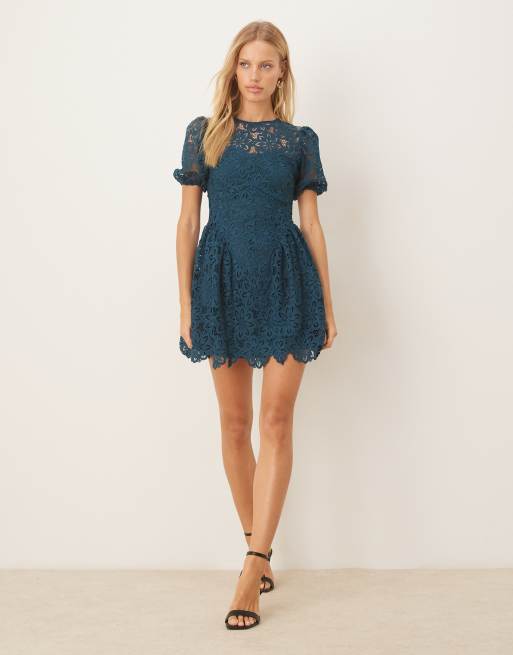 Maya Short sleeve lace mini dress in teal, 2 of 4
