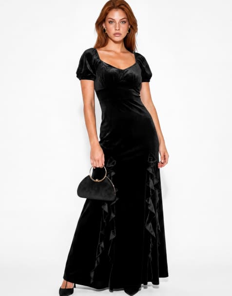 Maya Short sleeve scoop neck ruffle velvet maxi dress in black - view 1