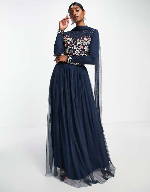 Maya sleek embellished lehenga maxi skirt in navy blue