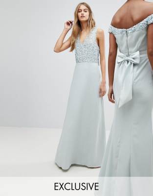 maya sleeveless sequin bodice maxi dress with cutout and bow back detail