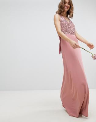 maya sleeveless sequin bodice maxi dress with cutout and bow back detail